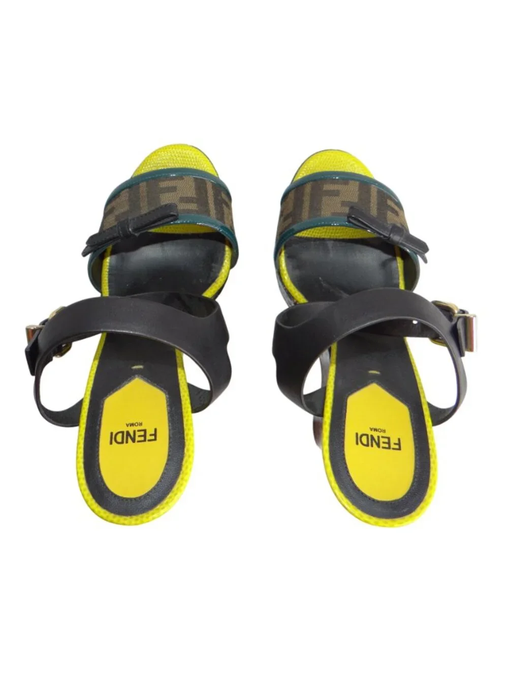 Fendi Roma Zucca Monogram Platform Sandals‎ Cork Heel Yellow Black 38.5